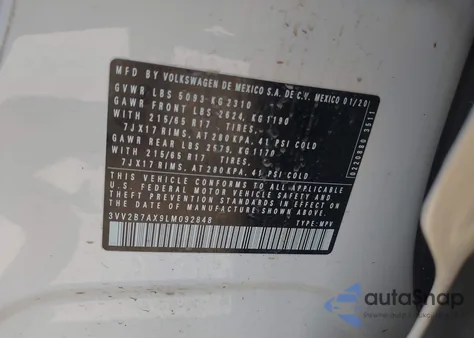 2020 Volkswagen Tiguan 2.0T Se/2.0T Se R-Line Black/2.0T Sel z USA, uszkodzony, nr VIN 3VV2B7AX9LM092848